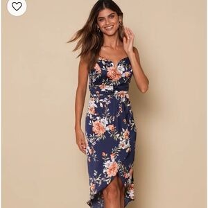 Navy blue floral print tulip skirt midi dress